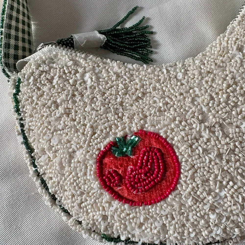 Beaded Vegetable Small Crescent Shoulder Bag Handcrafted In India - Picture 5 of 8